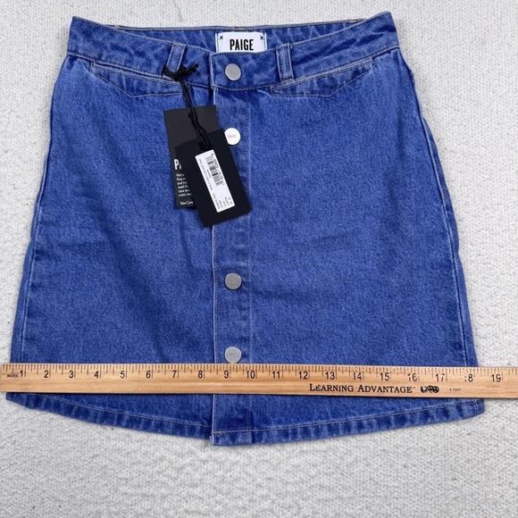 PAIGE Blue Jean Mini Skirt Women 24‎ Esma High Rise A-Line Snap Front Cotton NWT - Picture 8 of 11